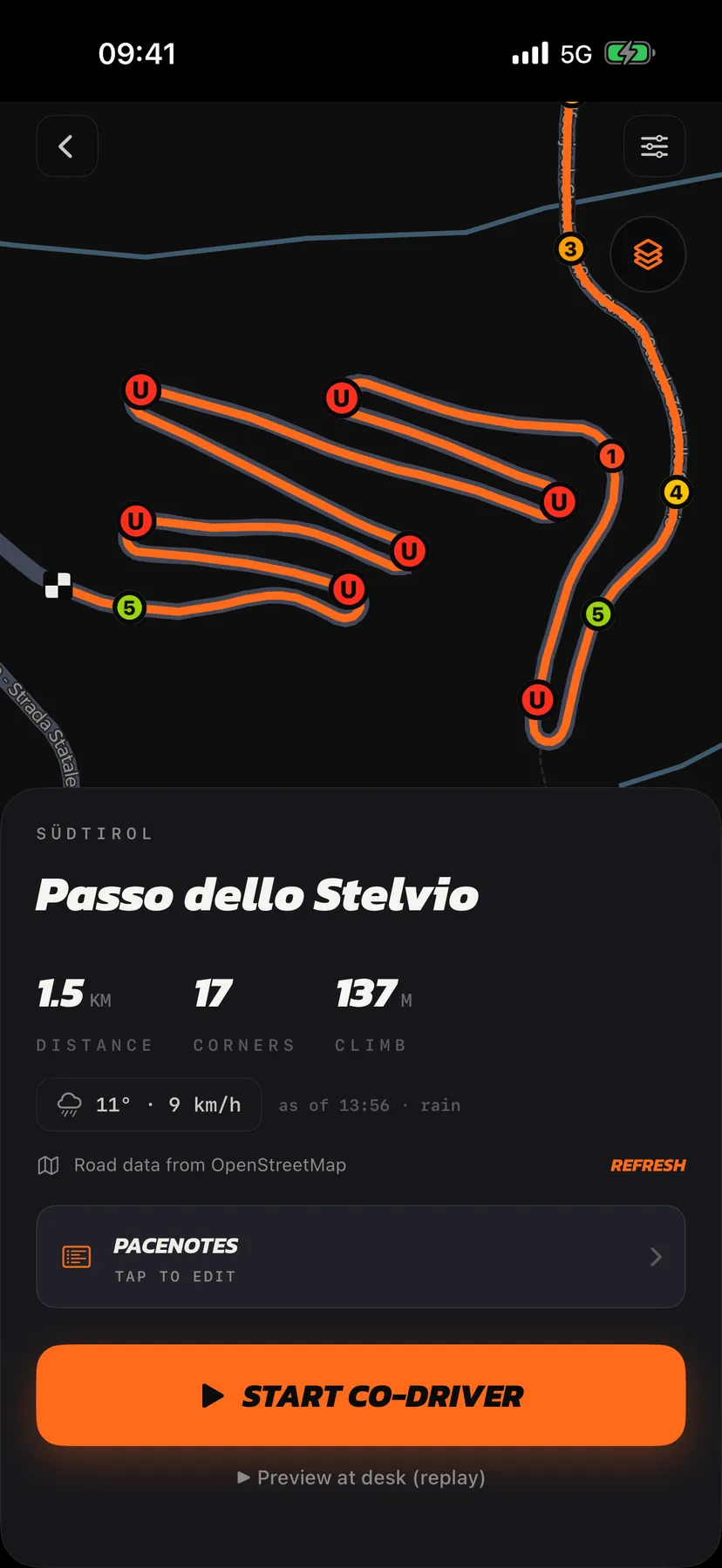 Stage view for the Passo dello Stelvio, the route drawn as a map with every corner graded by colour