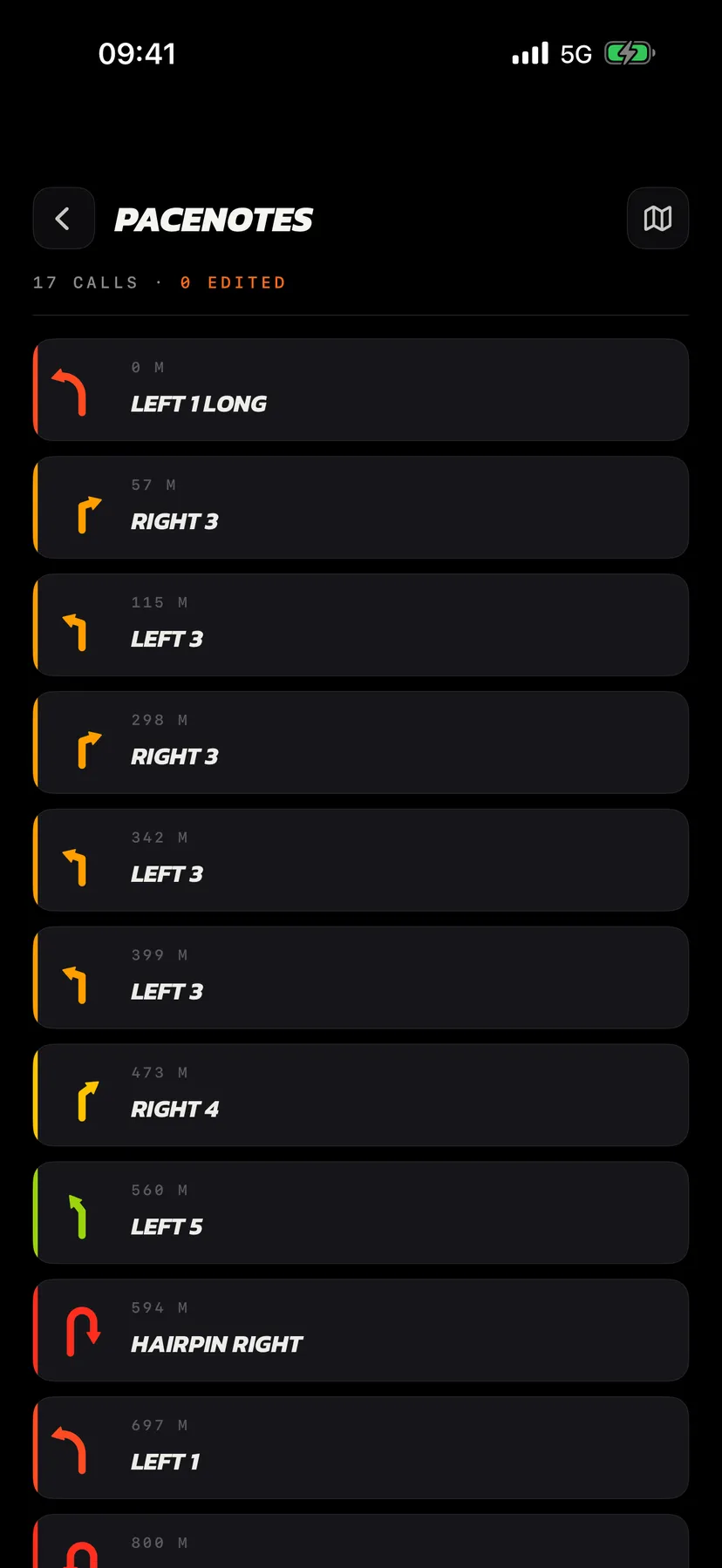 Pacenote editor listing every call of the stage with its severity, distance and wording, ready to edit