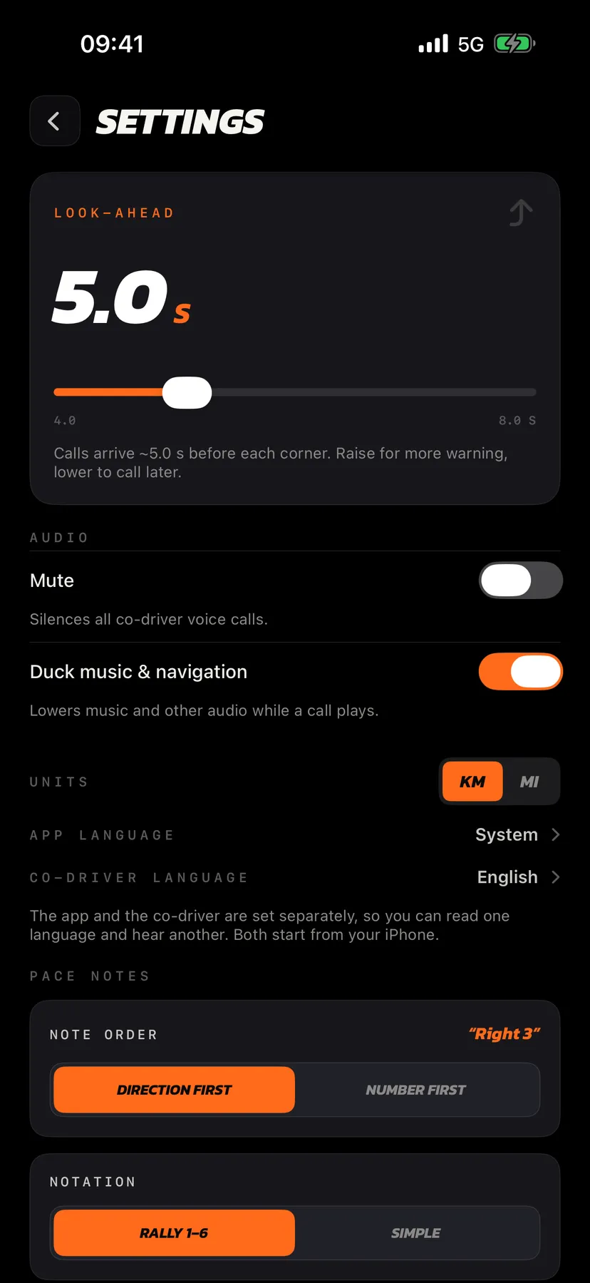 Settings screen with the look-ahead time, the app language and the co-driver voice language