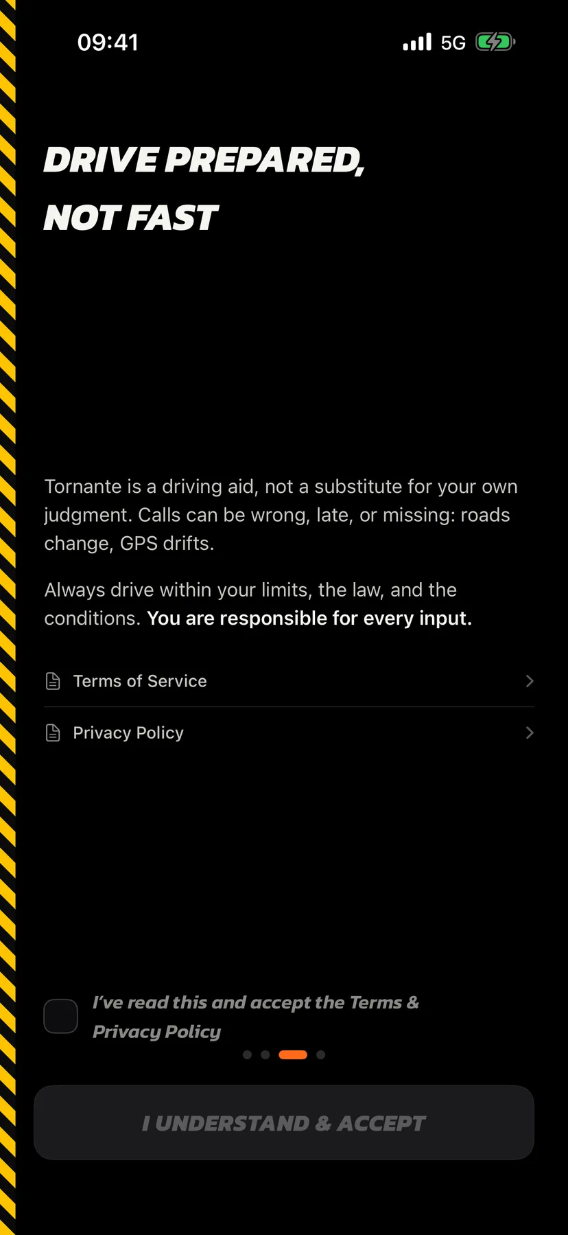 Safety notice reminding that Tornante is a driving aid: eyes on the road, obey all traffic law